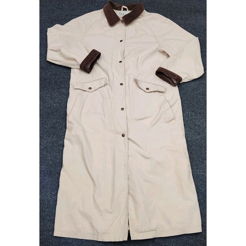 VTG L.L. Bean Medium Beige Denim Cord Collar Long Trench Barn Duster Coat Farm